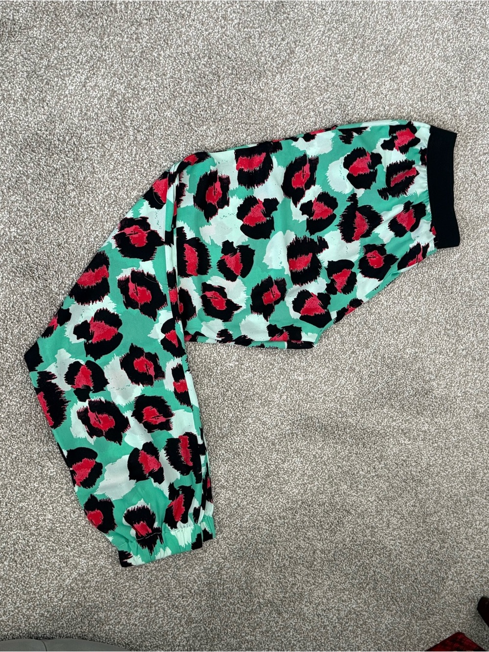 NWT Olsenboye Green Leopard Print Track Joggers with Red and Black Accents
